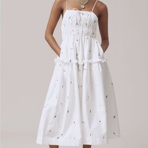 Anthropologie White Maxi Dress with Multicolor Embroidered Drinks